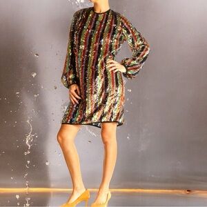 NWT EVA MENDES MULTICOLOR SEQUINED Long SLEEVE DRESS size Medium backless NY CO